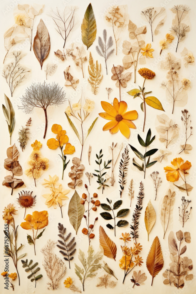 Poster A collection of various types of leaves and flowers. This versatile image can be used for a variety of purposes.