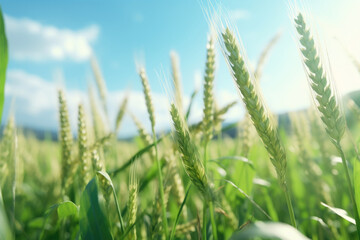 Obraz premium A detailed view of a field filled with golden wheat. This image captures the beauty and texture of the wheat, making it perfect for agricultural or nature-themed projects.