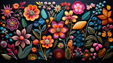 Obraz na płótnie Canvas Embroidered folk art: Folk art designs beautifully embroidered on fabric, showcasing the rich cultural heritage of different regions