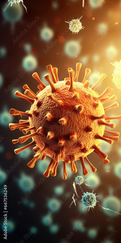 Poster a detailed close-up of a corona cell surrounded by other cells. this image can be used to illustrate
