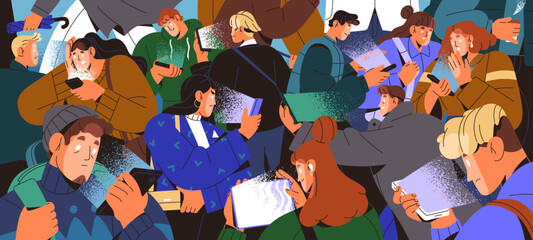 Crowd on smartphones. Many sad people reading bad news, scrolling social media. Scared persons surfing internet in cellphone. Mobile phone addiction, society problems. Flat vector illustration