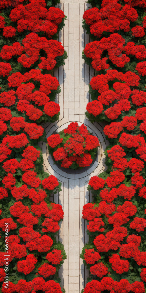 Poster A picture showing a large group of red flowers in a garden. This image can be used to add a vibrant and colorful touch to any project or design