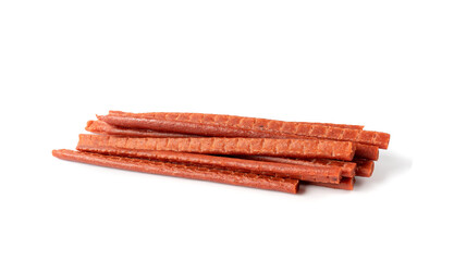 Meat Jerky Isolated, Dry Salted Chicken Slices, Small Pieces of Dehydrated Beef, Beer Snacks, Dried Pork