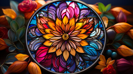 Embroidered stained glass window: The beauty of stained glass windows depicted through detailed and colorful embroidery