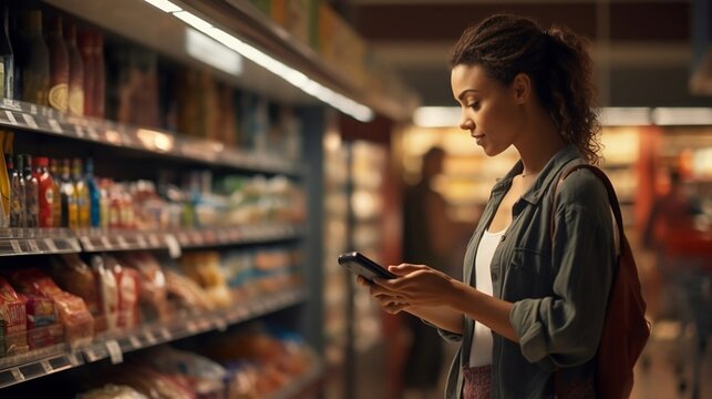 Yong Woman Using Mobile Phone App To Check Products At Grocery Store