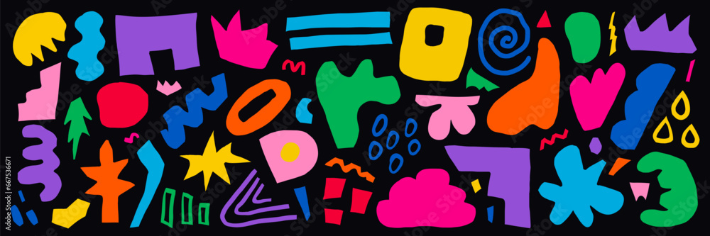 Wall mural abstract set of colorful hand drawn various shapes, curls, forms and doodle objects. modern trendy v