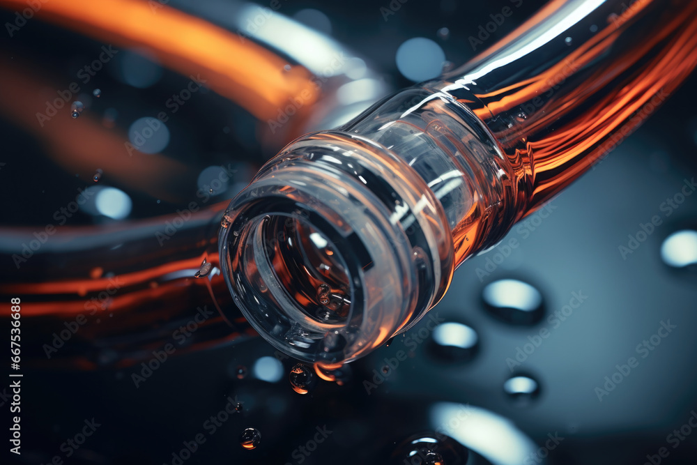 Poster A detailed close-up view of a bottle filled with liquid. This image can be used to showcase a variety of products or concepts related to liquids and containers