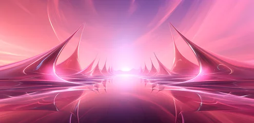 Zelfklevend Fotobehang A luminous, abstract landscape of pink and blue lines, reflecting light in a futuristic, digital design. Perfect for backgrounds or wallpapers. © Jan