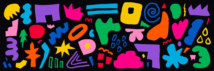 Abstract set of colorful hand drawn various shapes, curls, forms and doodle objects. Modern trendy vector illustration