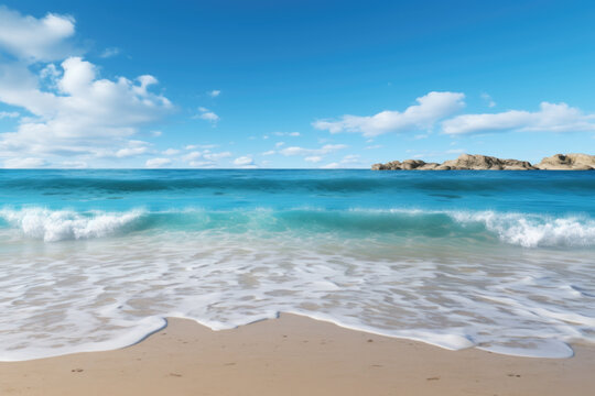 A picturesque sandy beach with a wave rolling onto the shore. This image can be used to depict the beauty of nature and the calming atmosphere of a beach