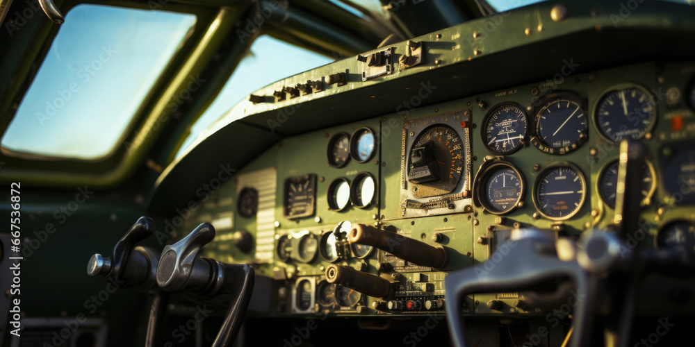Poster A clear view of the cockpit of a military plane. This image can be used to depict the experience of a pilot or to showcase the advanced technology in military aircraft