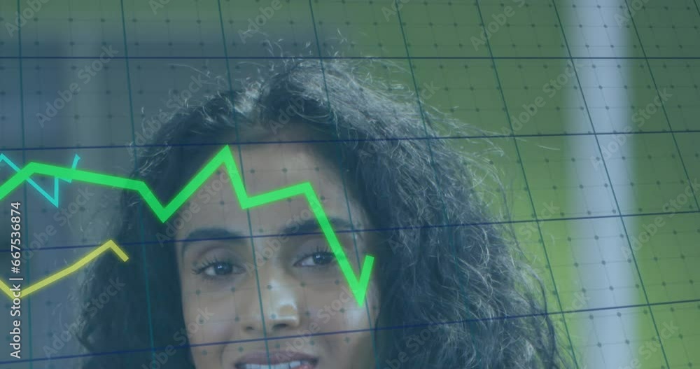 Poster animation of multiple graphs and grid pattern over smiling biracial woman standing in office