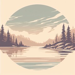 retro style mountain and lake scene