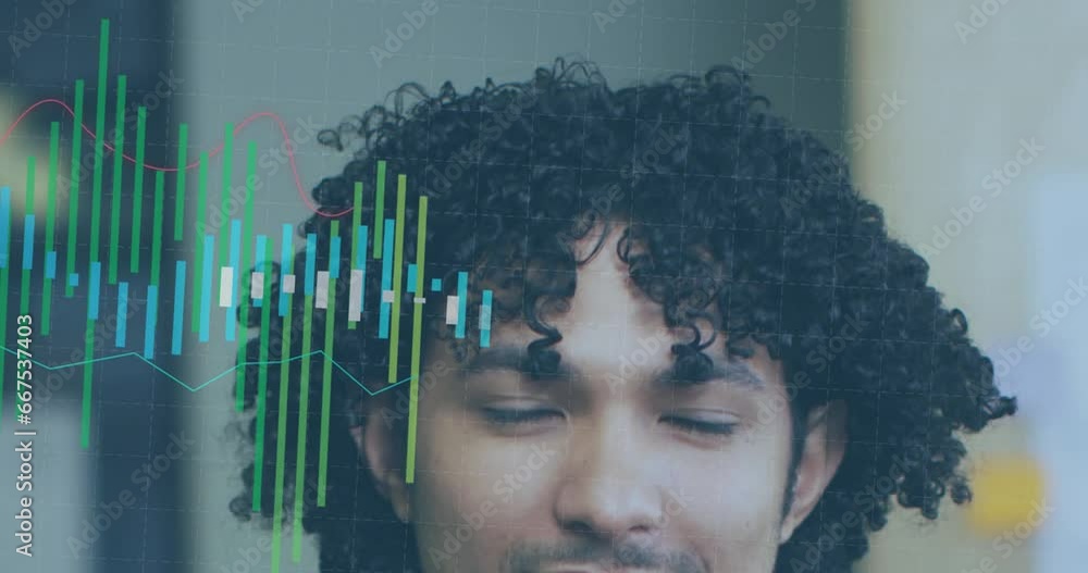 Poster Animation of multicolored graphs over smiling biracial man standing in office