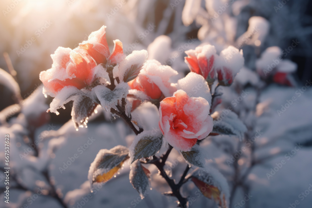 Aufkleber a close-up view of flowers covered in snow. this image captures the beauty of nature in winter. it c