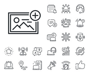 Image thumbnail sign. Place location, technology and smart speaker outline icons. Add photo line icon. Picture placeholder symbol. Add photo line sign. Influencer, brand ambassador icon. Vector