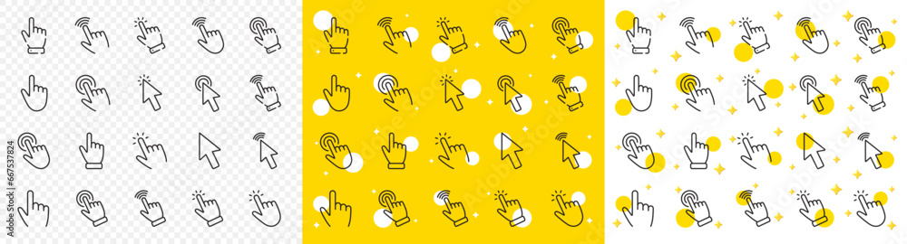 Poster mouse cursor, hand finger and press here set. click pointer line icons. computer arrow, interface to