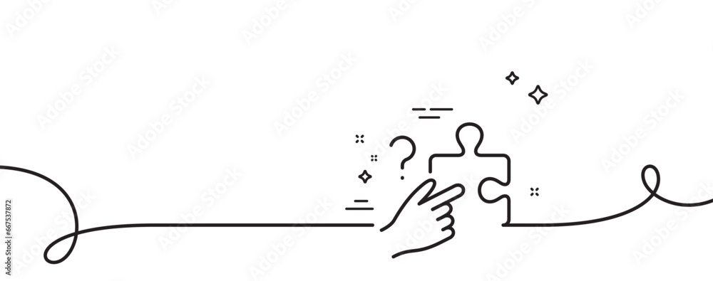 Poster search puzzle line icon. continuous one line with curl. jigsaw piece with question sign. find soluti