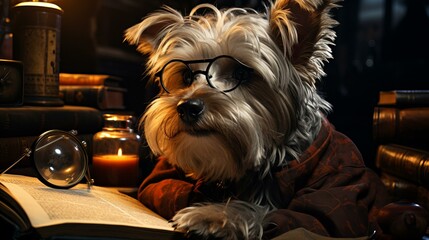 Obraz premium 犬が本を読む