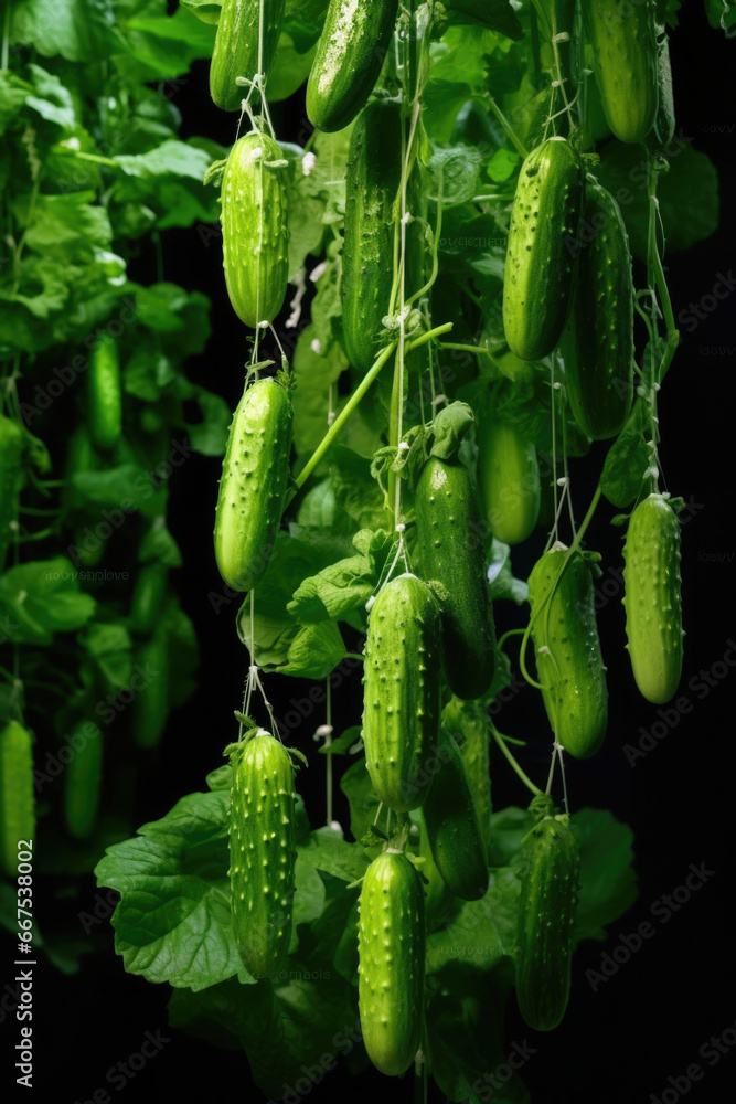 Poster A bunch of green cucumbers hanging from a tree. 