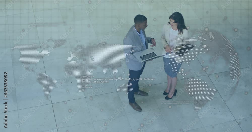 Aufkleber animation of globe and map over high angle view of diverse coworkers discussing reports on laptop