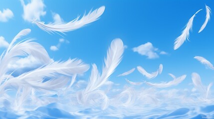 Fototapeta na wymiar Feathers softly floating down against a backdrop of a bright blue sky with fluffy clouds.