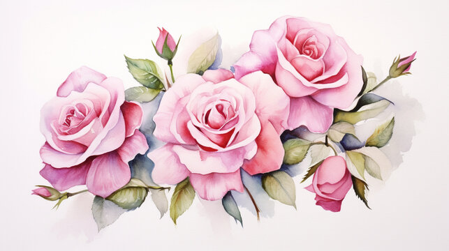 roses bunch watercolor painting on white background for floral delightful wedding card decoration