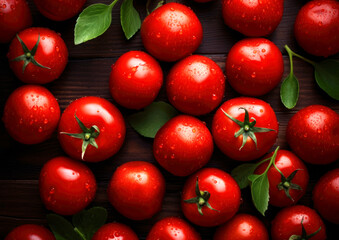 Food background with red tomatoes in water drops, abstract juicy fruit backdrop