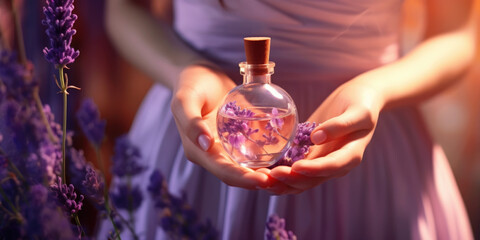 A woman is seen holding a bottle of perfume in her hands. This image can be used to showcase beauty and fragrance products