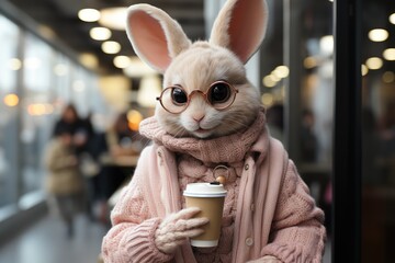 Adorable rabbit in pink sweater, hat and glasses outdoor - obrazy, fototapety, plakaty
