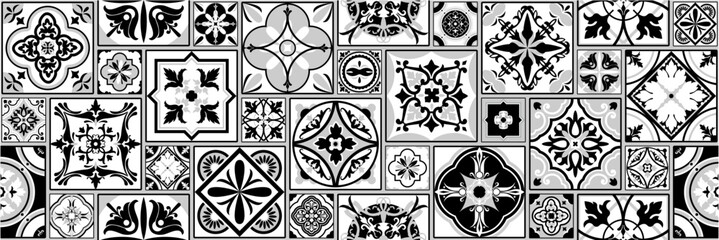 Set of Azulejos tiles in black, white. Original traditional Portuguese and Spanish decor. Seamless patchwork with Victorian motifs. Talavera style ceramic tiles. Mosaic by Gaudi. Vector
