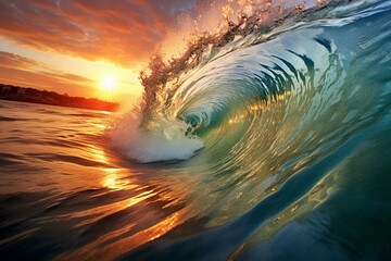 Evening wave splashes against ocean with beautiful sunset. Generative AI