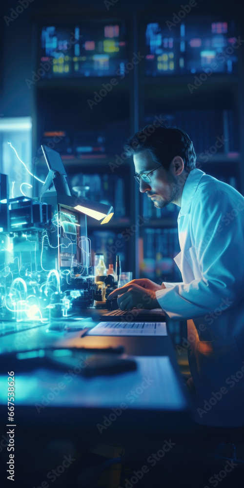 Aufkleber A man wearing a lab coat is diligently working on a computer. This image can be used to depict a scientist, researcher, or professional working in a laboratory or scientific setting