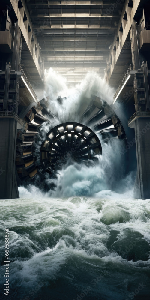 Poster a picture of a large wheel standing in the middle of a vast body of water. this image can be used to