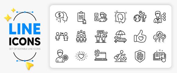 Group people, Opinion and Technical documentation line icons set for app include Outsource work, Pay, Head outline thin icon. Like hand, Support, Social distancing pictogram icon. Vector