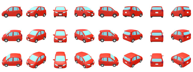 自動車のイラスト素材　デフォルメ　コンパクトカー　5ドアハッチバック　赤　24点セット