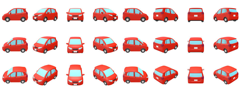 自動車のイラスト素材　デフォルメ　コンパクトカー　5ドアハッチバック　赤　24点セット