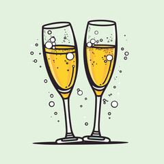 Clink glasses champagne graphic icon. Cheers with two champagne glasses sign. Vector