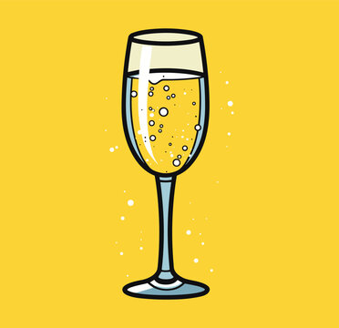 Glass of champagne, vintage style celebration concept icon on white background, vector