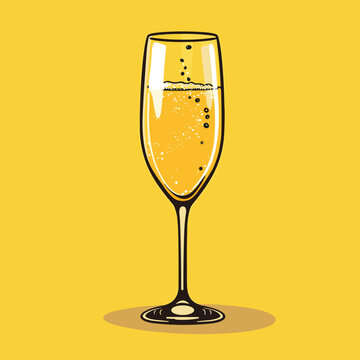 Glass of champagne, vintage style celebration concept icon on white background, vector