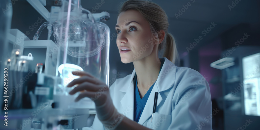 Poster a woman is pictured wearing a lab coat and holding a tube. this image can be used to represent scien