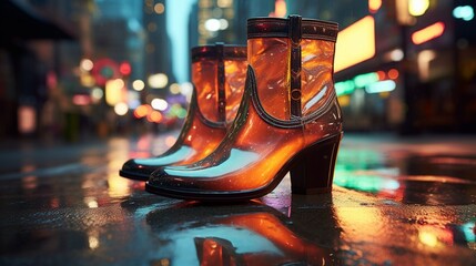 Sleek ankle boots on a city street after rain, with neon lights reflecting in puddles.