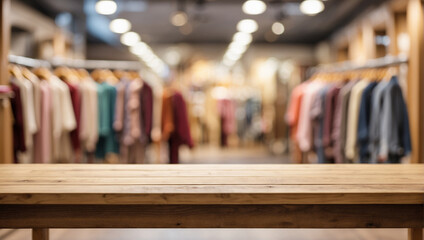Empty wooden desk with blurred background of clothing store.