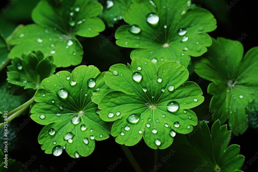Poster a group of green leaves with water droplets on them. this image captures the beauty of nature and ca