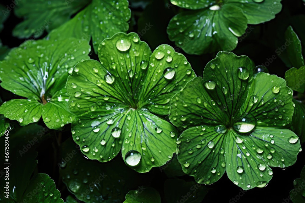 Poster a close-up image of a group of green leaves with water droplets on them. perfect for nature or envir