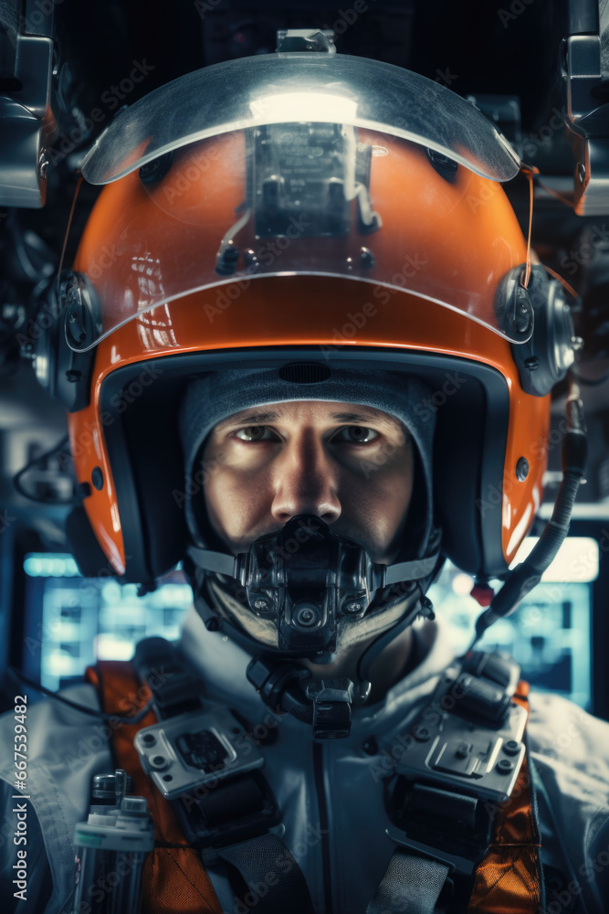 Poster An image of a man wearing a space suit and helmet. This picture can be used to illustrate concepts related to space exploration, astronauts, science fiction, or futuristic technology