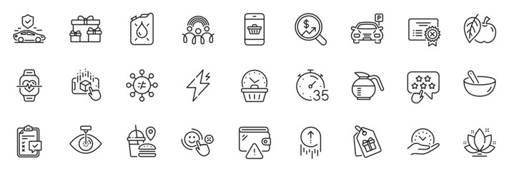 Fototapeta na wymiar Icons pack as Power, Cooking mix and Transport insurance line icons for app include Augmented reality, Currency audit, Customer satisfaction outline thin icon web set. Eye laser, Parking. Vector