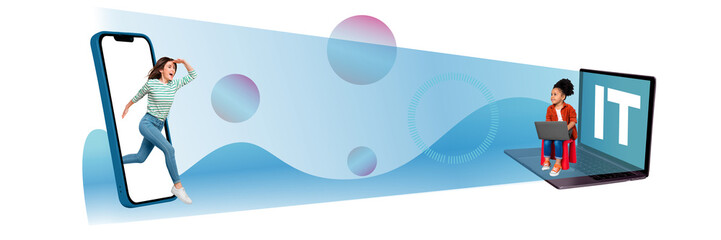 Panorama creative composite photo collage of girl run from smartphone screen search for education course isolated colorful background