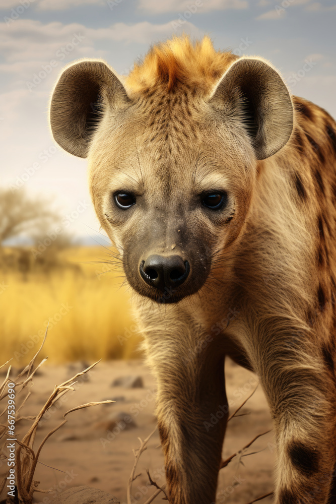 Poster a detailed view of a hyena in its natural habitat. this image captures the unique features and expre