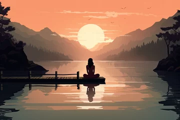 Fotobehang lonely girl sit on jetty by the lake in autumn watercolor © krissikunterbunt